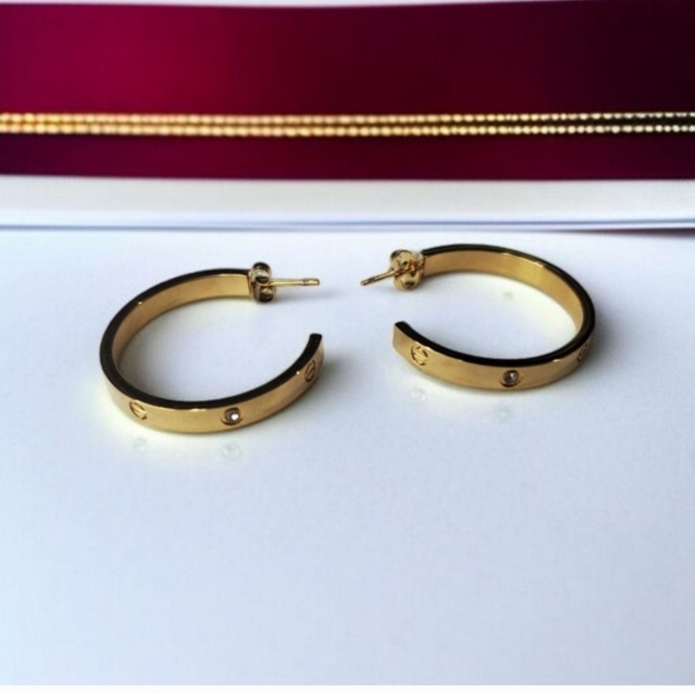 Luxury 18k Gold Plated Love Screw Zircon Crystal Hoop Earrings - Picture 5 of 7